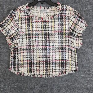 Cupcakes and Cashmere Top Womens‎ Medium Multi Color Tweed Fringe Short Sleeve